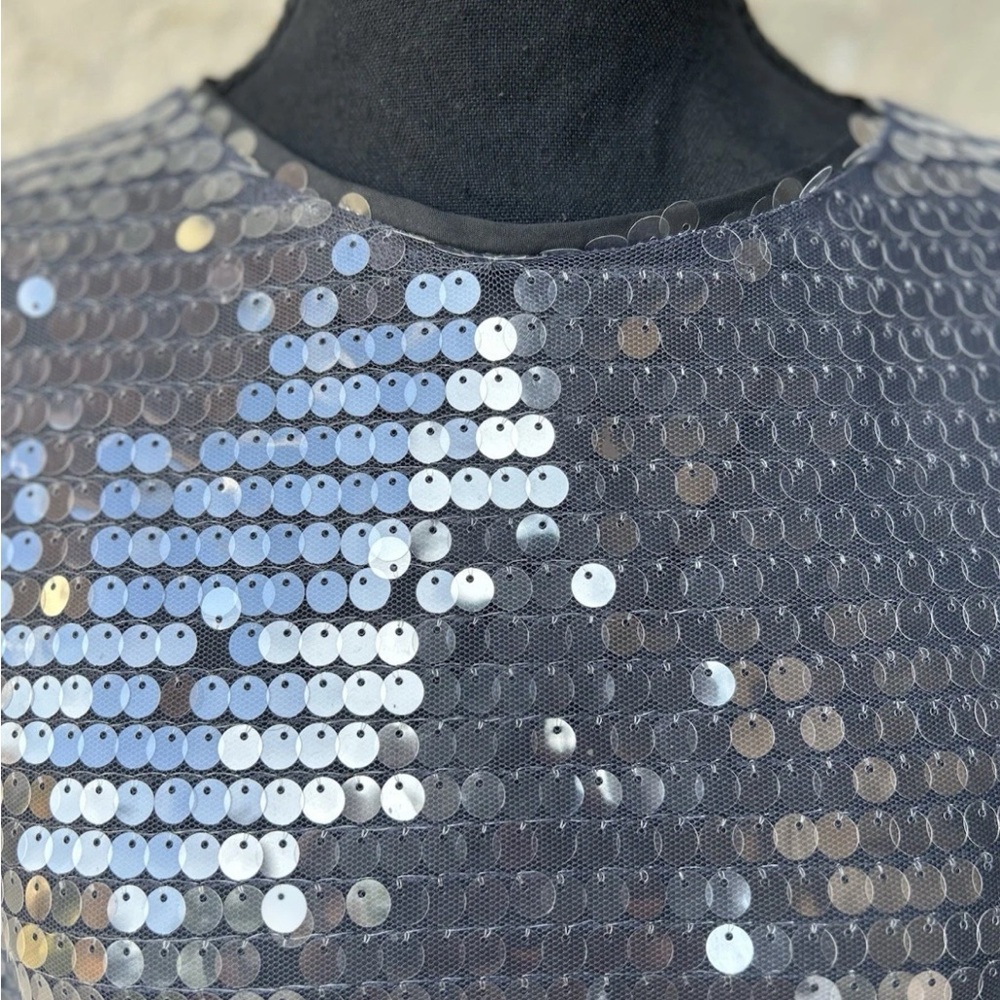 Bold Elements Sequin Blouse Top Size Medium Gray Mesh Lined Long Slv Excellent - Picture 2 of 7